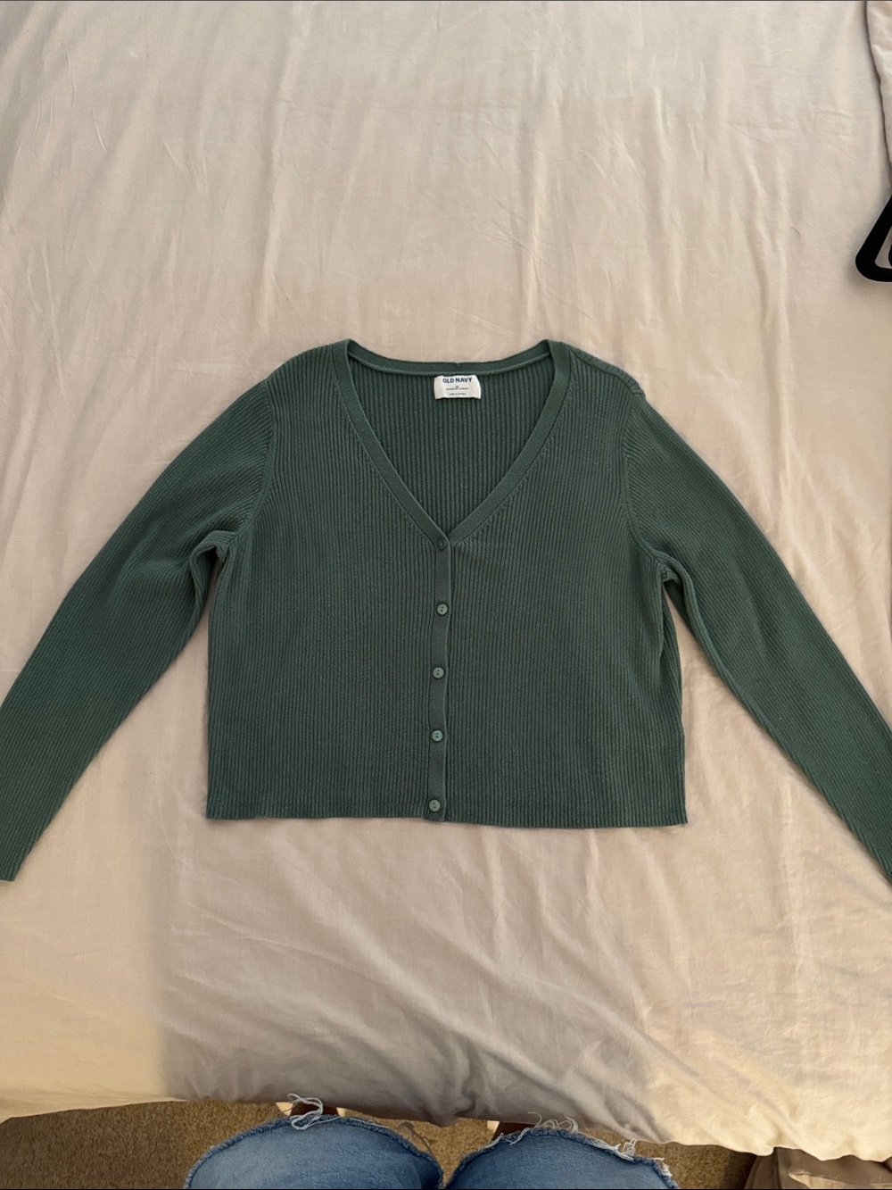 Old Navy Green Ribbed V-Neck Button-Down Cropped Cardigan